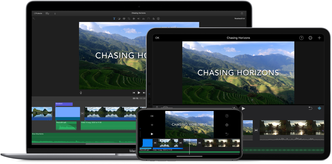 Conținut identic afișat pe un MacBook Air, un iPad și un iPhone.