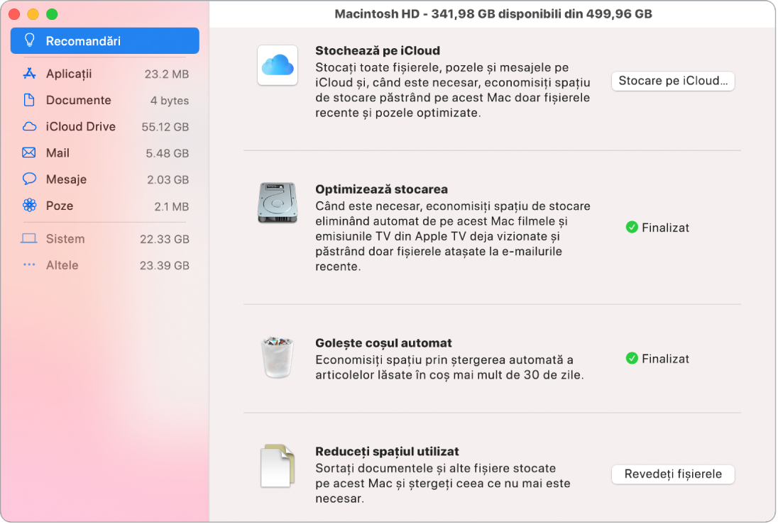 Preferințele Recomandări pentru stocare, afișând opțiunile Stocare pe iCloud, Optimizează stocarea, Golește automat coșul și Reduceți spațiul utilizat.