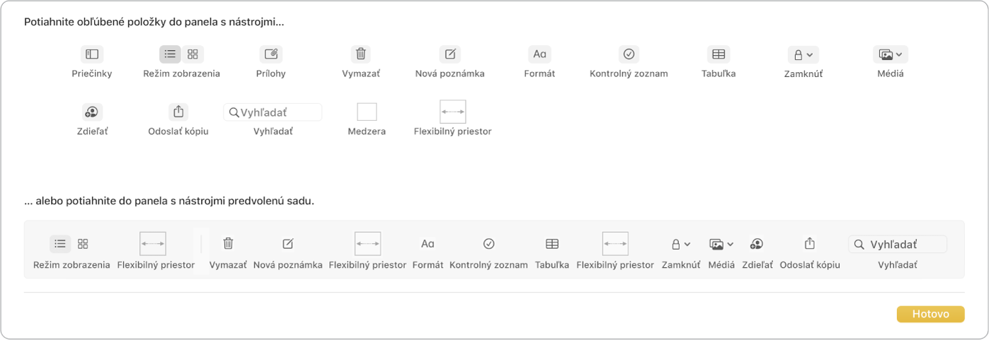 Okno apky Poznámky zobrazujúce, že sú dostupné možnosti prispôsobenia panela s nástrojmi.