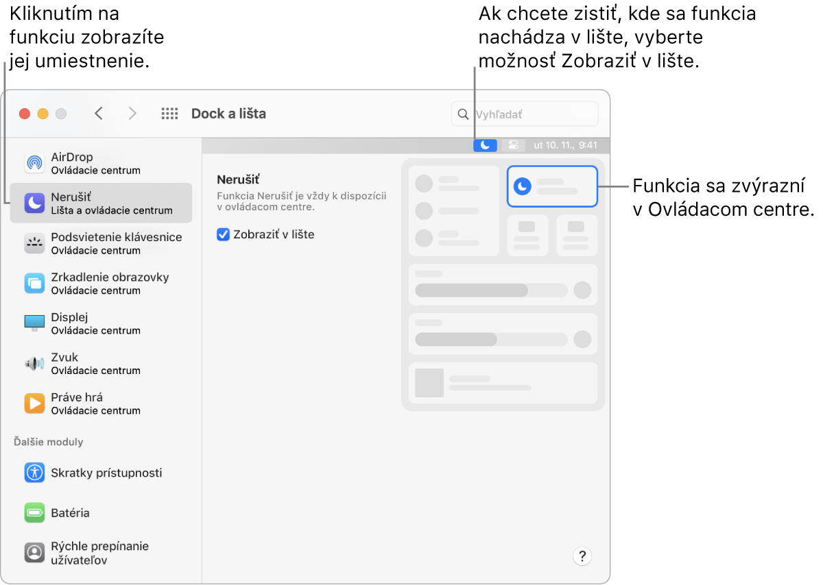 Okno nastavení Docku a lišty.