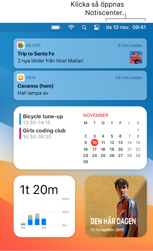 En del av skrivbordet med Notiscenter öppet.