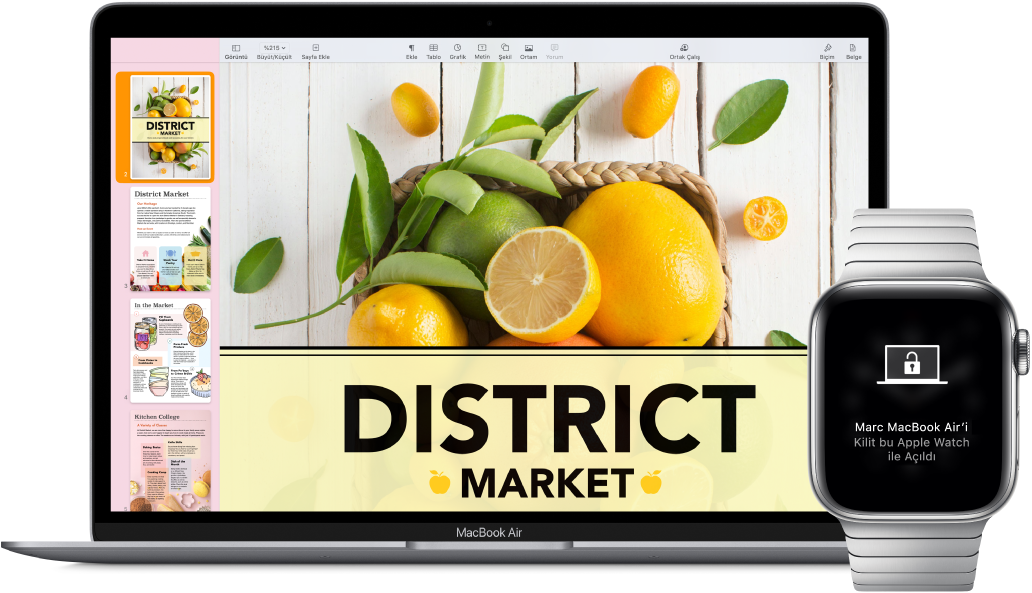 Mac’in kilidinin Apple Watch tarafından açıldığı iletisini görüntüleyen bir MacBook Air ve yanında bir Apple Watch.