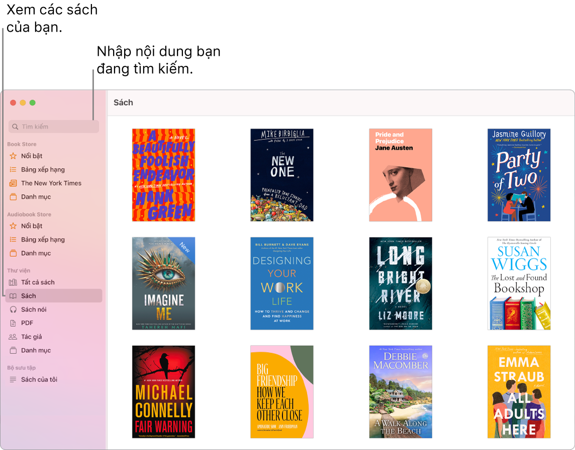 Một cửa sổ ứng dụng Sách đang minh họa cách xem sách, duyệt nội dung được giám tuyển và tìm kiếm.