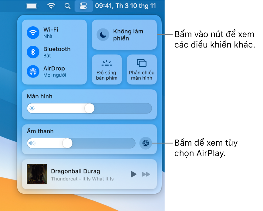 Chế độ xem được phóng to của Trung tâm điều khiển trên máy Mac với chú thích đến nút Màn hình.