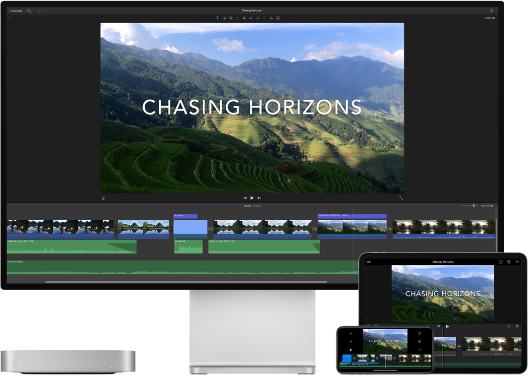 Det samme indhold vist på en Mac mini, iPad og iPhone.
