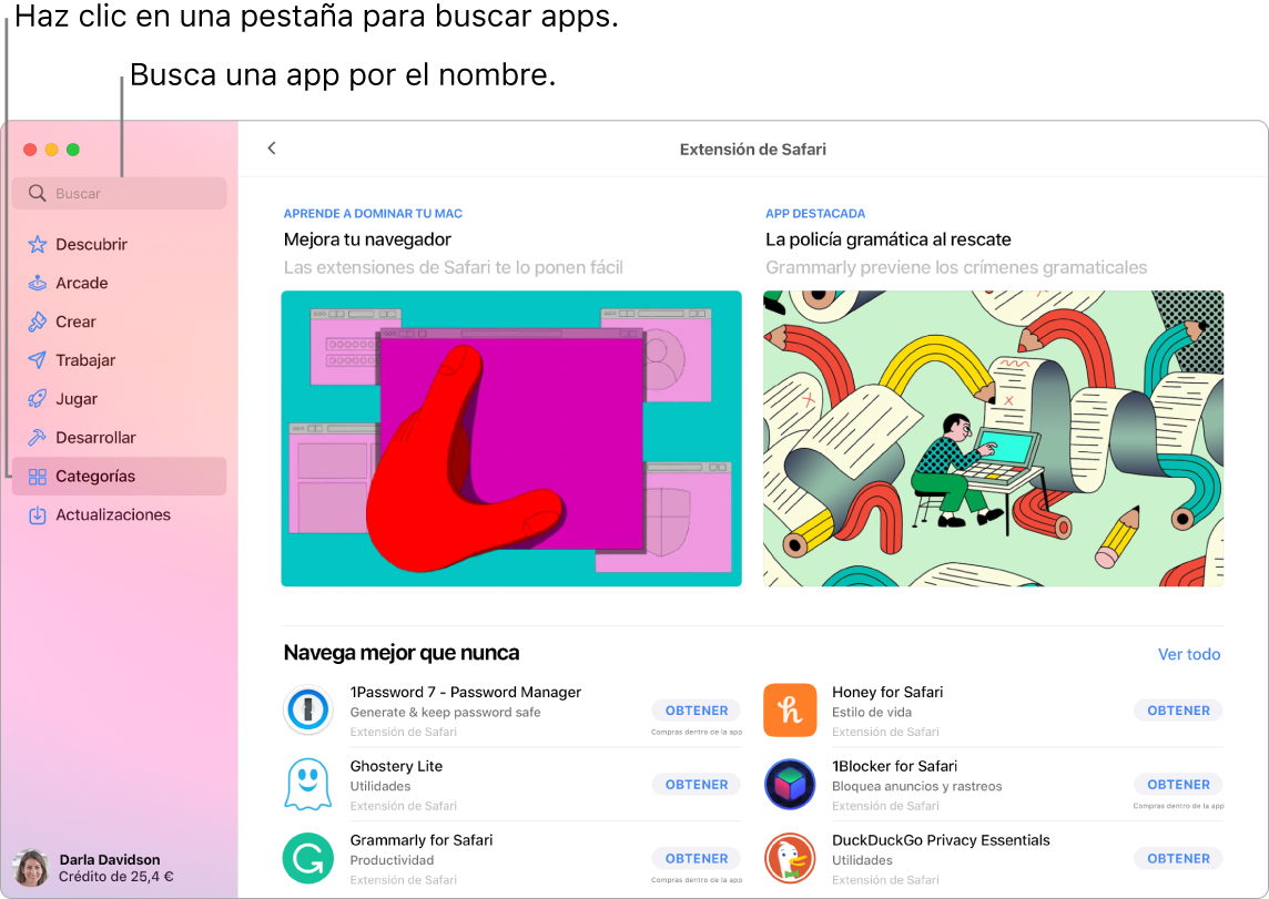 Ventana de App Store que muestra un campo de búsqueda y una página de extensiones de Safari.