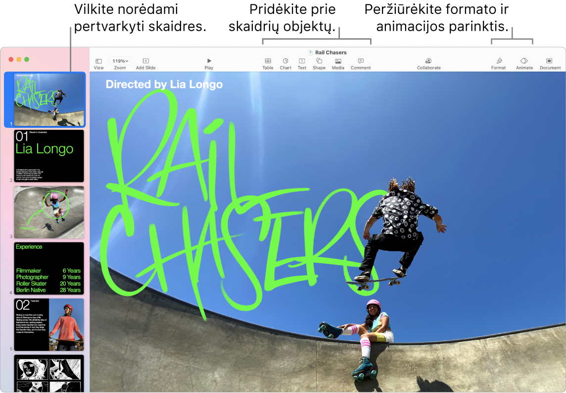 „Keynote“ langas: kairėje pateiktas skaidrių žvalgiklis ir nurodyta, kaip pertvarkyti skaidres, taip pat viršuje matosi įrankių juosta ir jos redagavimo įrankiai, viršuje dešinėje rodomas mygtukas „Collaborate“, o dešinėje yra mygtukai „Format“, „Animate“ ir „Document“.