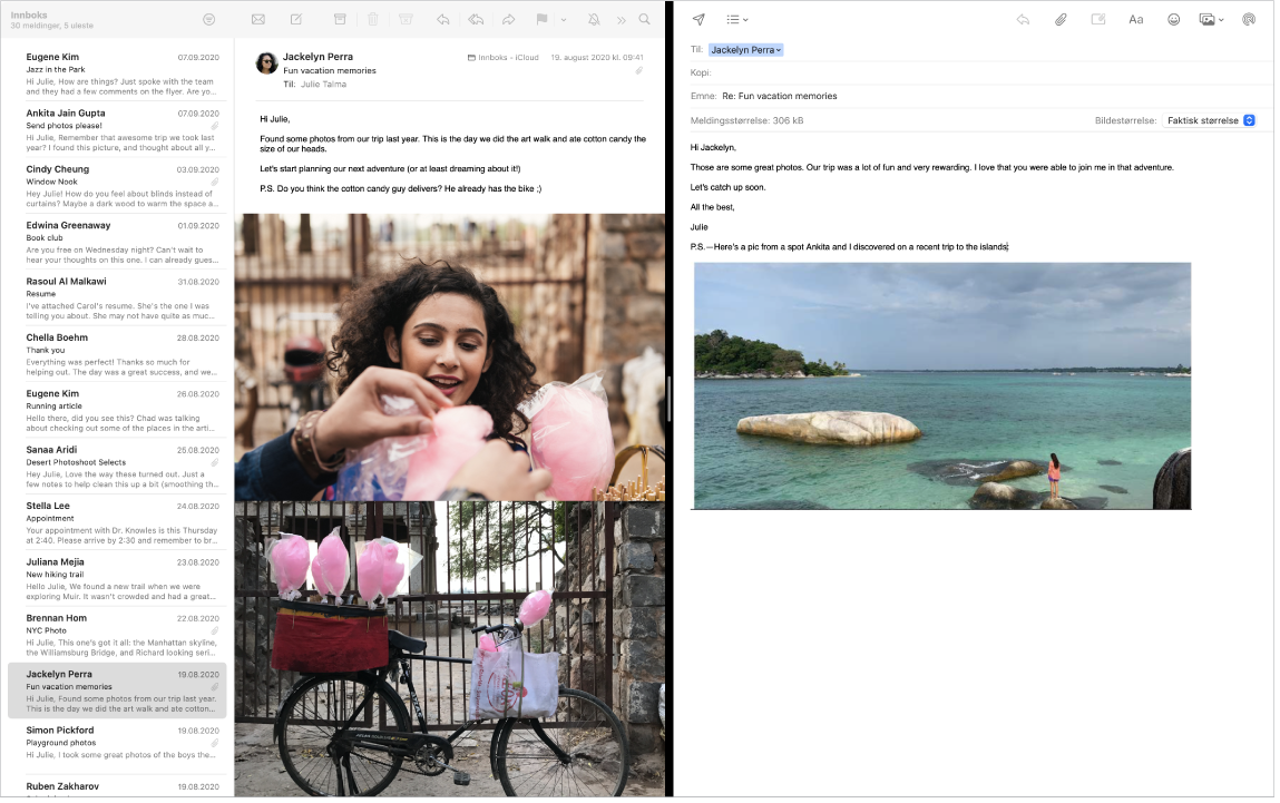Et Mail-vindu i delt visning, som viser to meldinger side ved side.