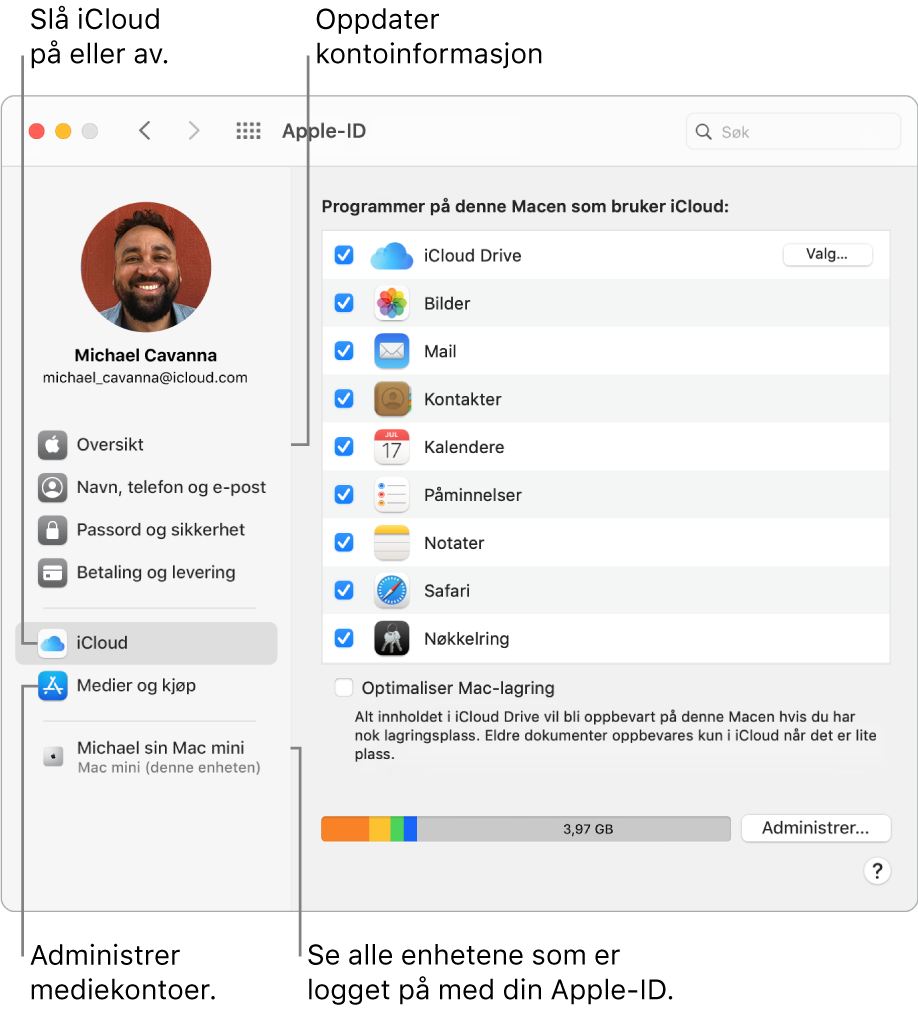 Apple-ID-panelet i Systemvalg. Klikk på et objekt i sidepanelet for å oppdatere kontoinformasjonen din, slå iCloud på eller av, administrere mediekontoer og vise alle enheter som er logget på med din Apple-ID.