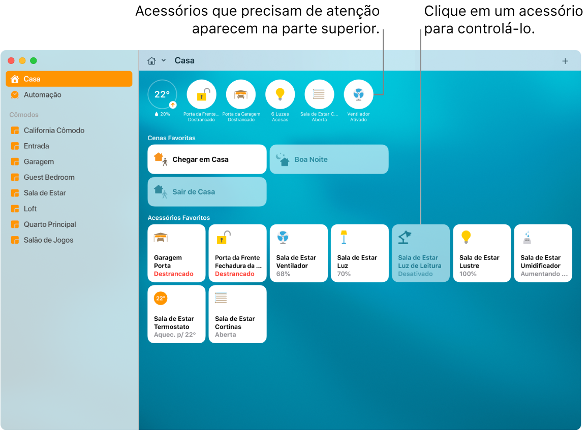 O app Casa mostrando as cenas e acessórios favoritos.