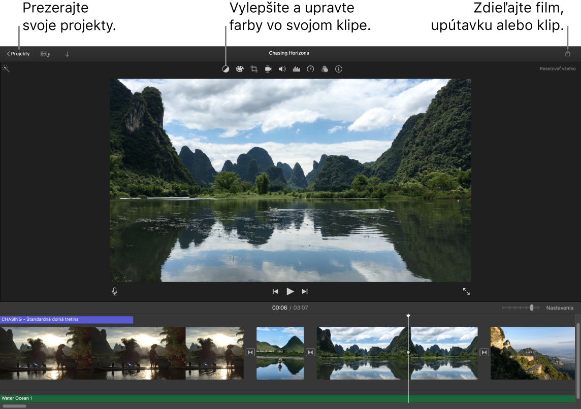 Okno aplikácie iMovie znázorňujúce tlačidlá na zobrazovanie projektov, opravu a úpravu farieb a zdieľanie filmu, upútavky alebo filmového klipu.