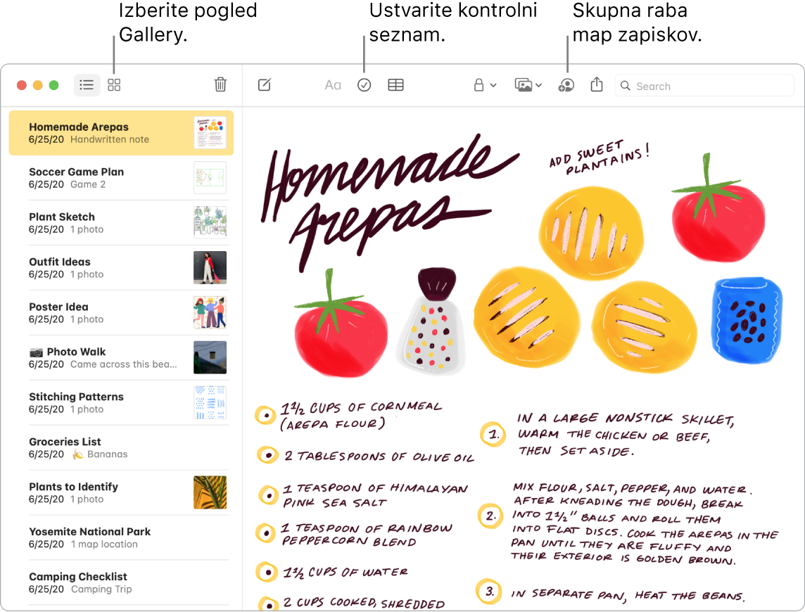 Okno aplikacije Notes v pogledu Gallery z oblački, v katerih so gumbi Gallery View (Pogled galerije), Checklist (Kontrolni seznam) in Share Folder (Daj mapo v skupno rabo).