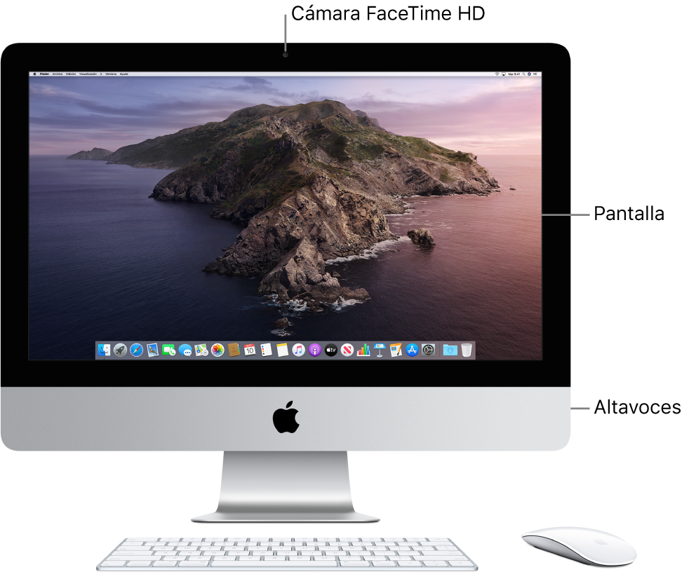 Vista delantera del iMac con la pantalla, la cámara, los micrófonos y los altavoces.