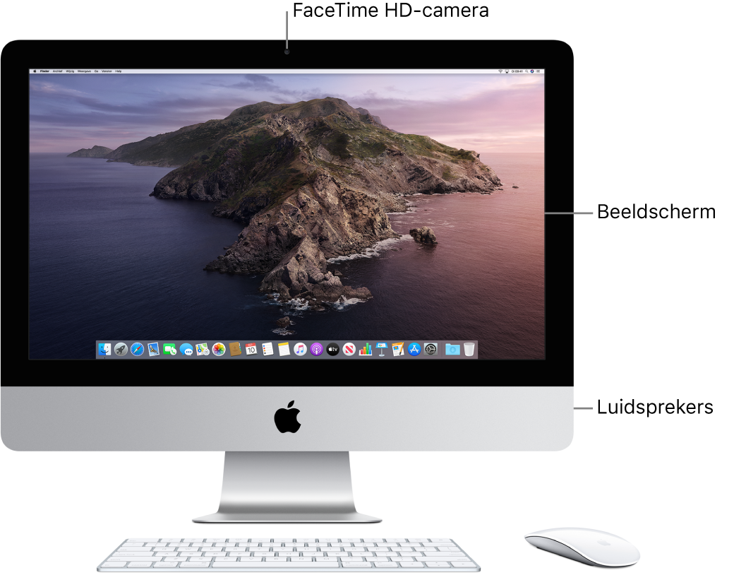 Vooraanzicht van een iMac met het beeldscherm, de camera en luidsprekers.