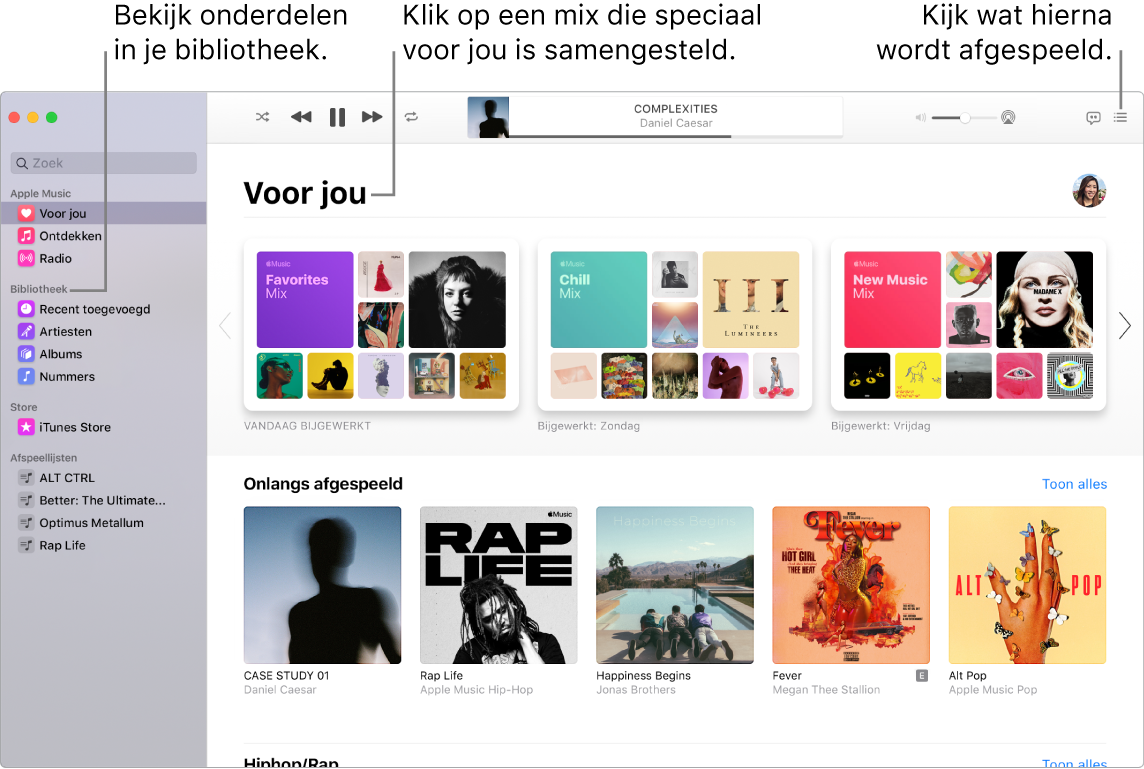 Een venster van de Muziek-app waarin wordt aangegeven hoe je je bibliotheek bekijkt, naar Apple Music luistert en ziet wat er als volgende wordt afgespeeld.