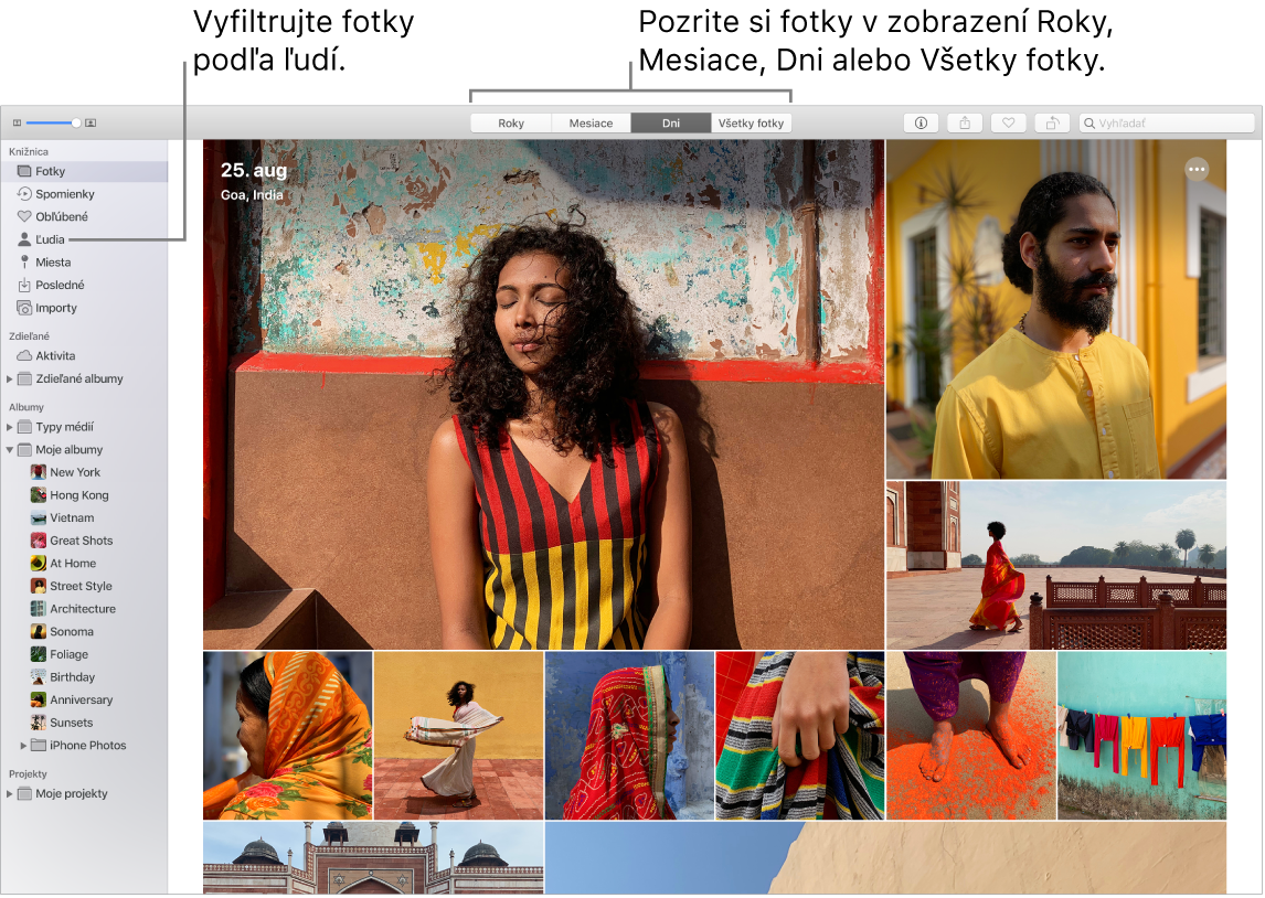 Okno aplikácie Fotky s informáciami o rôznych spôsoboch filtrovania fotiek v albume.