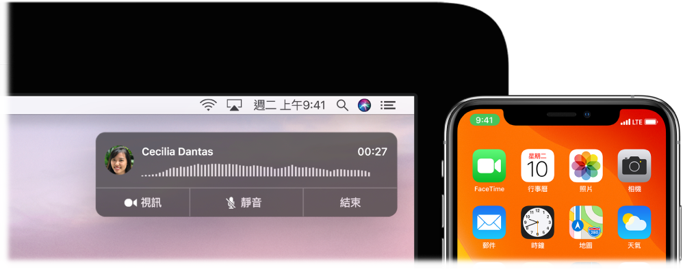 Mac 螢幕右上角顯示通話通知視窗,iPhone 顯示正在透過 Mac 進行通話。