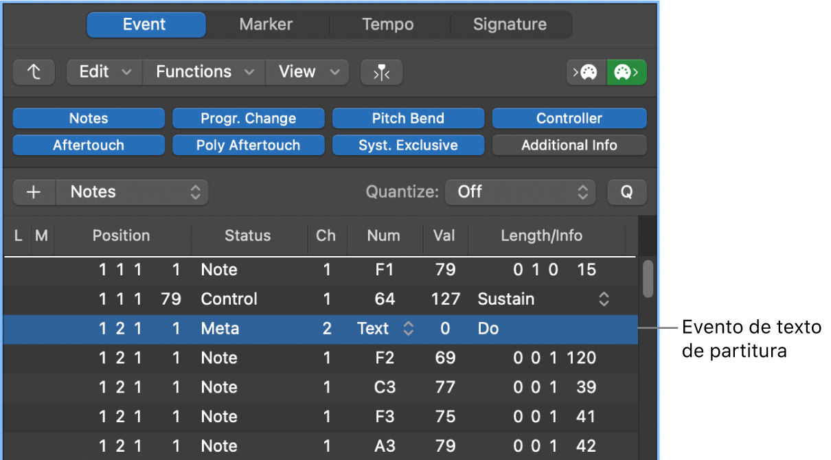 Ilustración. Evento de texto de partitura en la Lista de eventos.