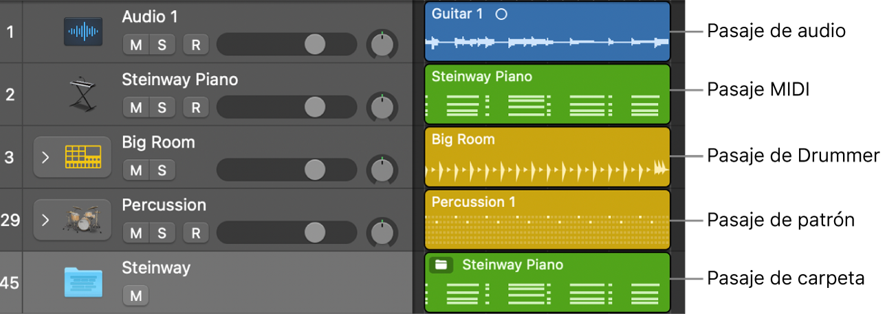 Ilustración. Tipos de pasaje con colores por omisión