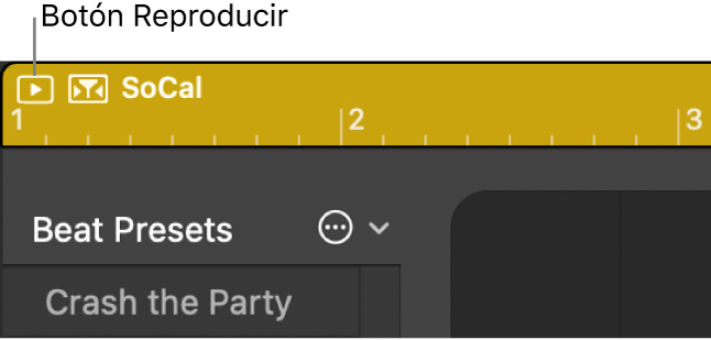 Ilustración. Se está haciendo clic en el botón Reproducir del área superior izquierda del editor Drummer.