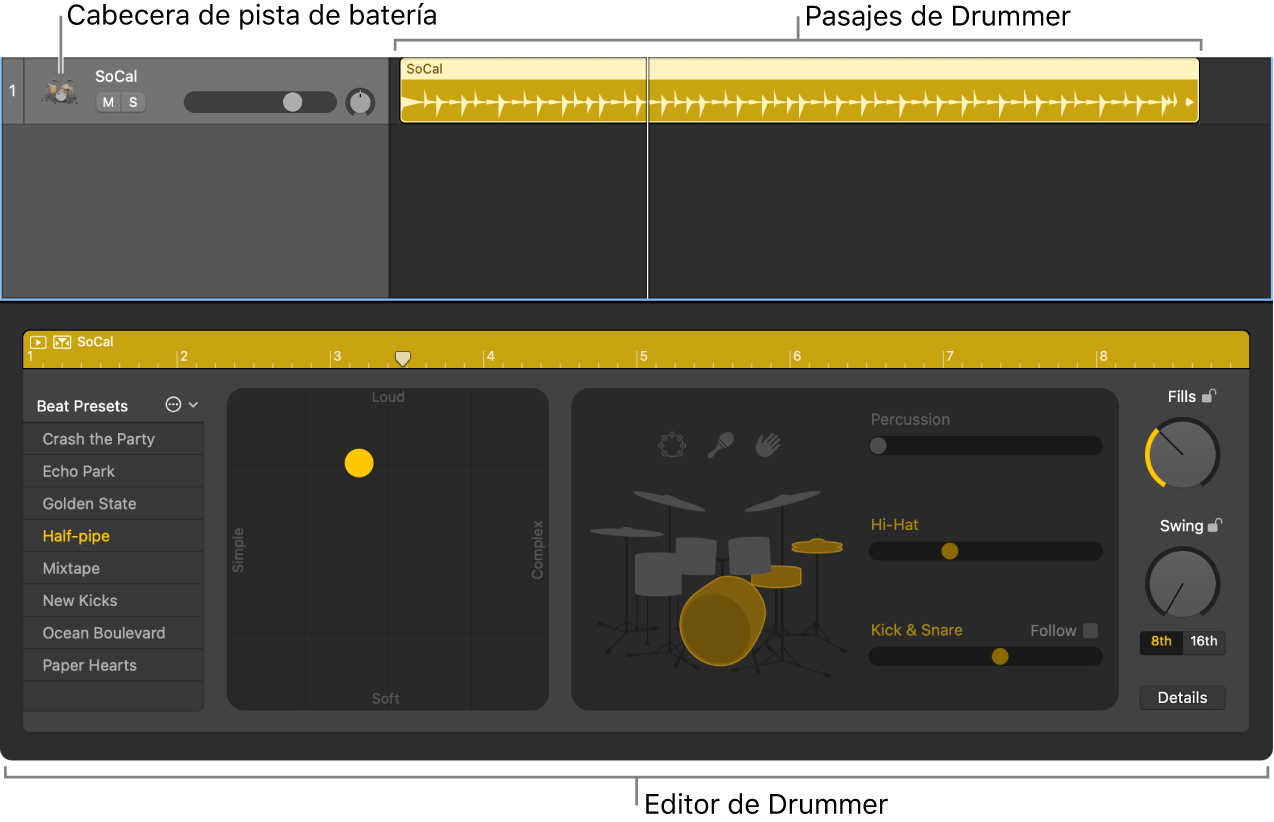 Ilustración. Se muestra una pista de Drummer con pasajes de Drummer, y el editor Drummer.
