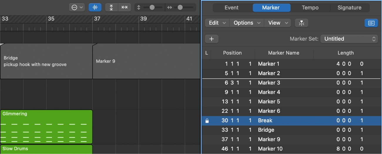 Ilustración. Nombre del marcador con el símbolo de candado, que indica que está bloqueado.