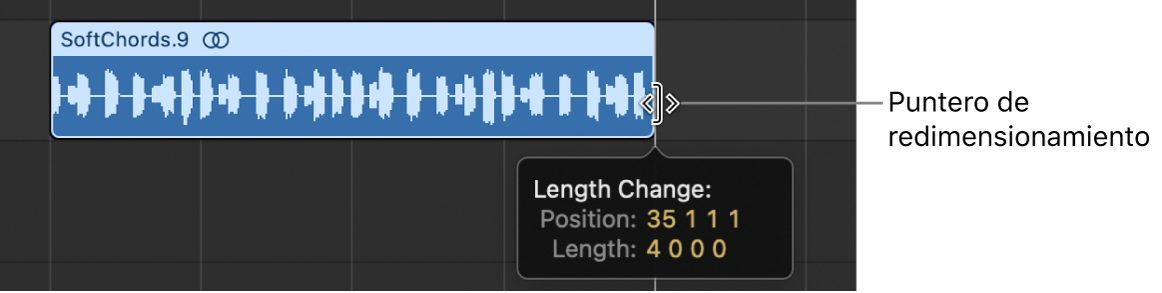 Ilustración. Se está cambiando el tamaño de un pasaje en el área Pistas. La etiqueta de ayuda muestra la longitud del pasaje.