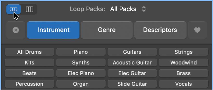 Ilustración. Explorador de bucles con botones de palabra clave y el botón “Visualización de botones”.