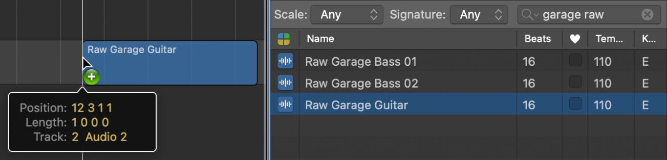 Ilustración. Se está arrastrando un bucle del explorador de bucles al área Pistas. La etiqueta de ayuda muestra la posición del bucle.