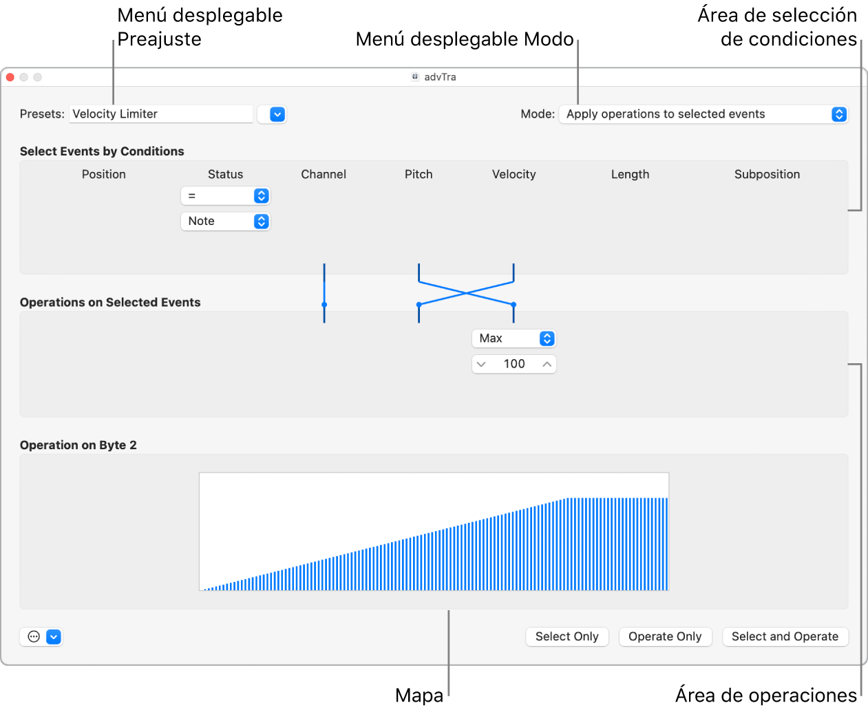 Ilustración. Se señalan los parámetros principales de la ventana Transformación.