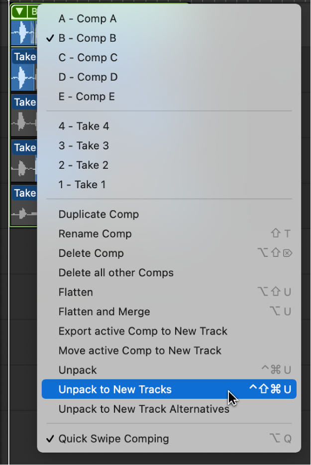 Figure. Sélection de « Décompacter en nouvelles pistes » dans le menu local.