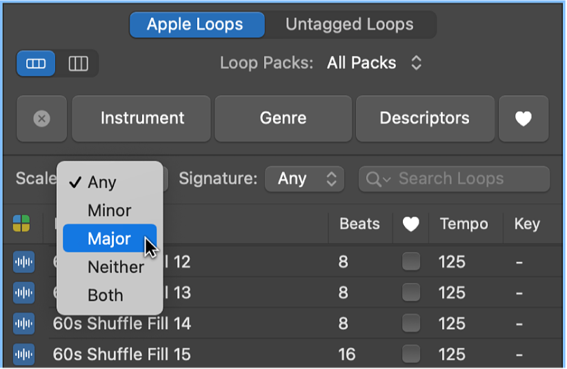 Figure. Menu local Gamme dans le navigateur de boucles.