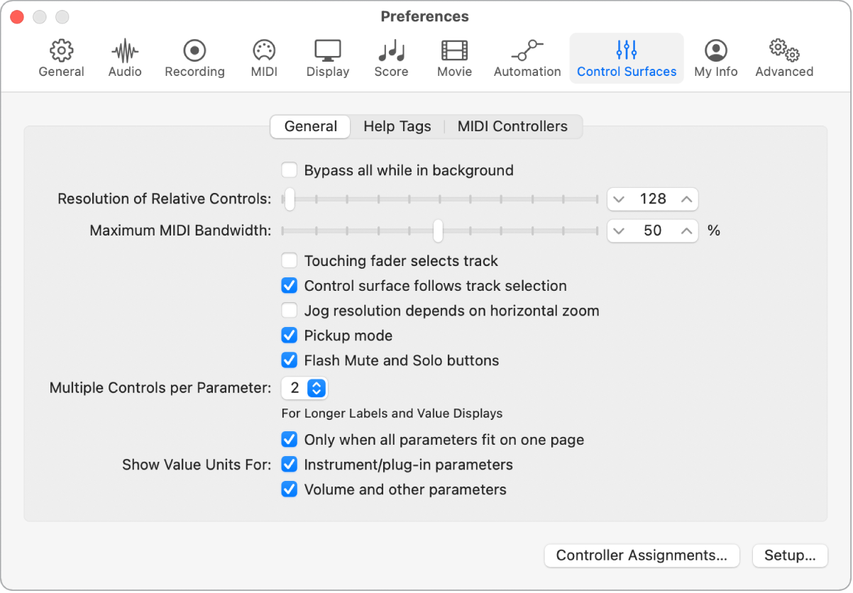 Figure. Fenêtre Préférences des surfaces de contrôle de Logic Pro.