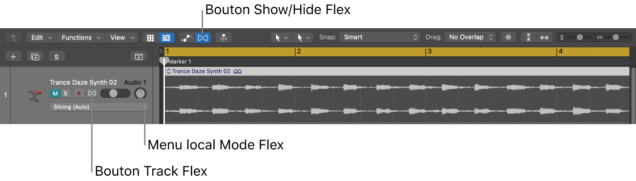 Figure. Bouton Flex et menu local Mode Flex dans l’en-tête d’une piste audio.