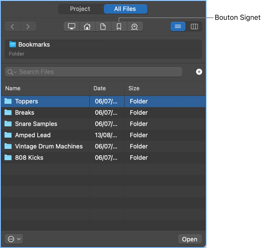 Figure. Navigateur Tous les fichiers montrant le bouton Signet.