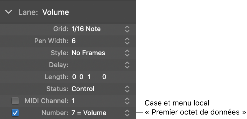Figure. Menu et case Premier octet de données