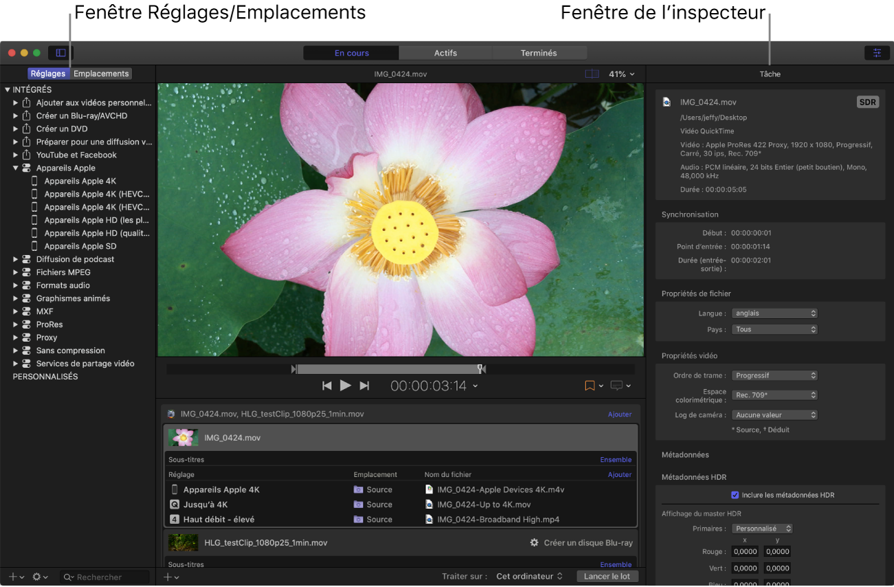 Fenêtre de Compressor avec la fenêtre Réglages et la fenêtre de l’inspecteur