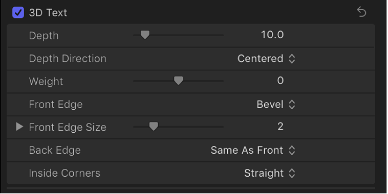 Section Texte 3D de l’inspecteur de texte
