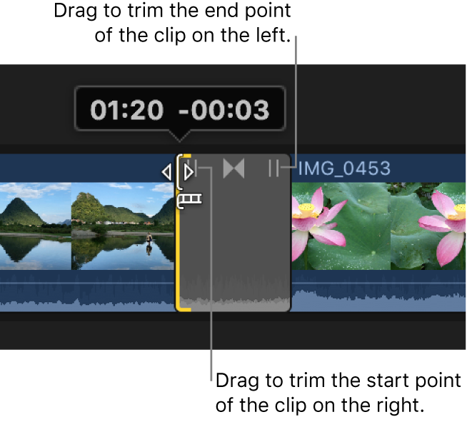 Glissement de l’icône d’élagage de gauche de la transition pour élaguer au point de départ du plan situé à droite de la transition