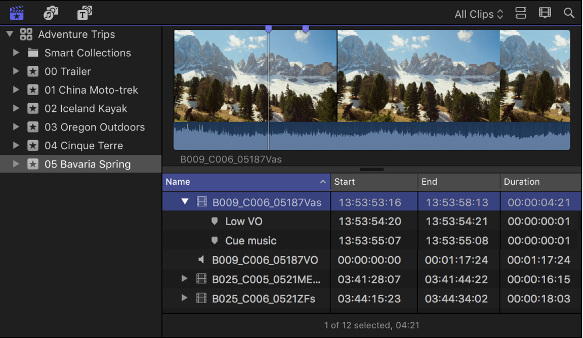 Marqueurs affichés sur un plan sélectionné dans le navigateur dans la présentation en liste