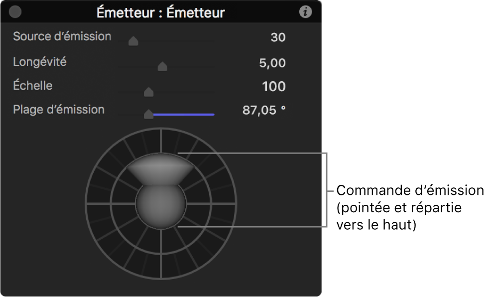 Palette affichant les commandes d’émetteur 3D