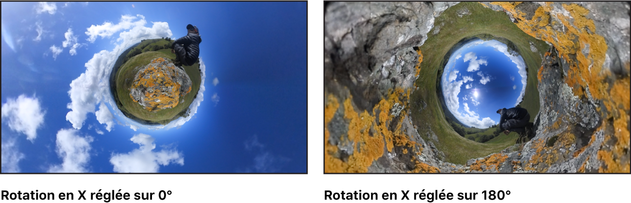 Comparaison sur le canevas de l’effet du paramètre Rotation en X défini sur 0 et du même paramètre défini sur 175