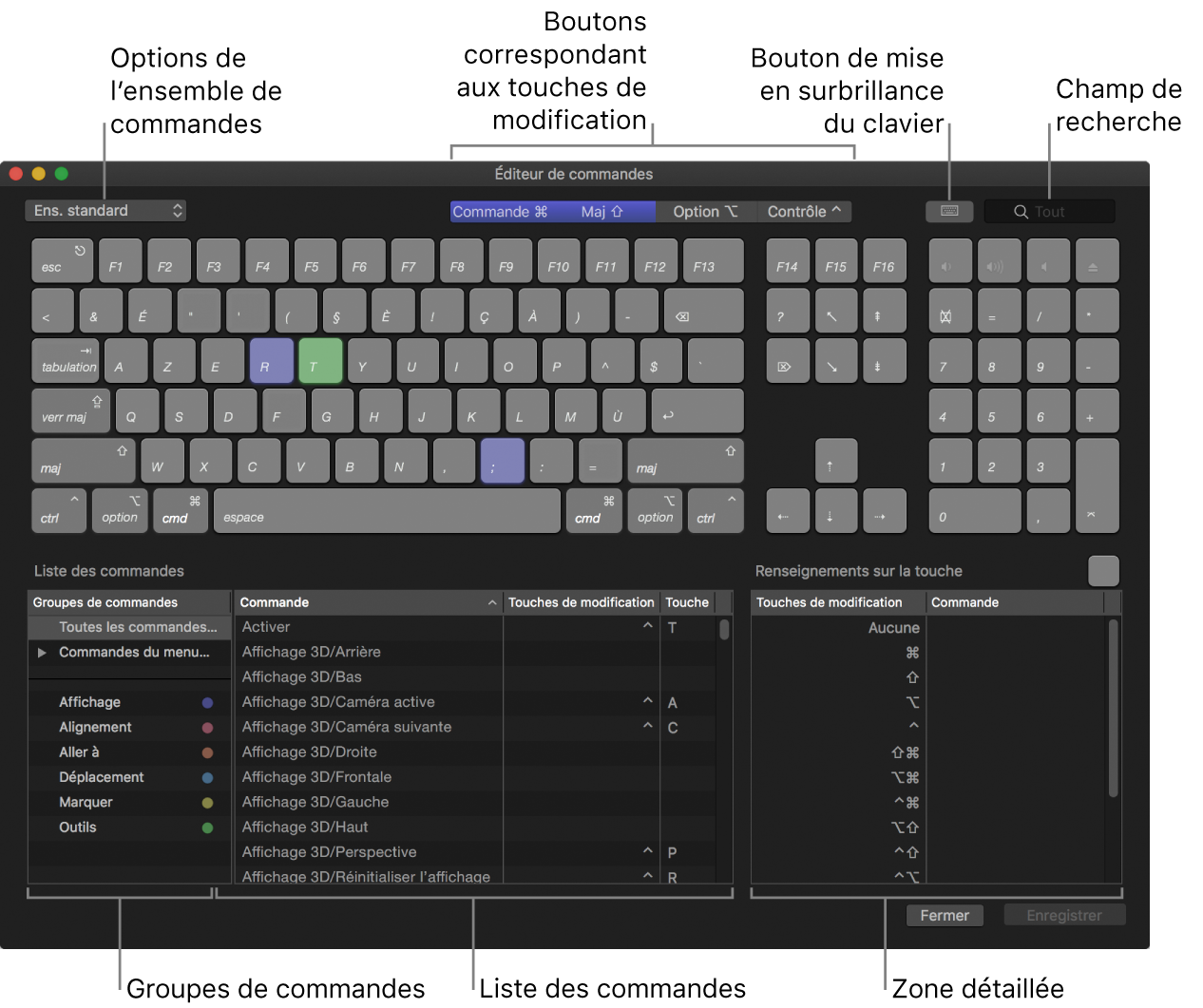 Éditeur de commandes affichant les options d’ensemble de commandes, les boutons de touche de modification, le bouton de mise en surbrillance du clavier, le champ de recherche, les groupes de commandes, la liste des commandes et la zone « Renseignements sur la touche »