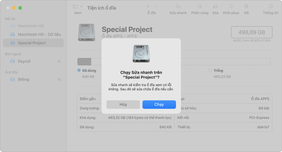 Cửa sổ Tiện ích ổ đĩa đang hiển thị hộp thoại xác nhận Sửa nhanh.