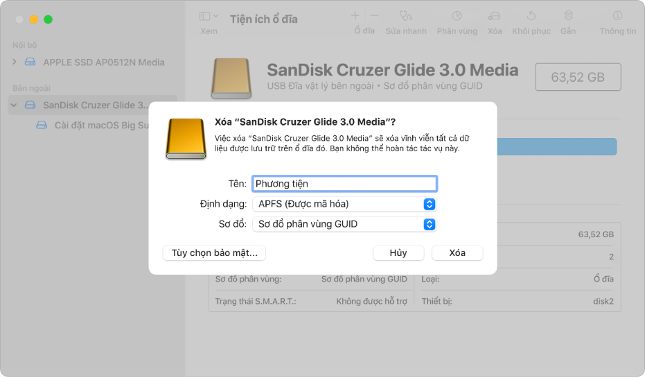 Cửa sổ Tiện ích ổ đĩa đang hiển thị hộp thoại xóa đang được thiết lập để định dạng lại ổ đĩa flash với định dạng được mã hóa APFS.