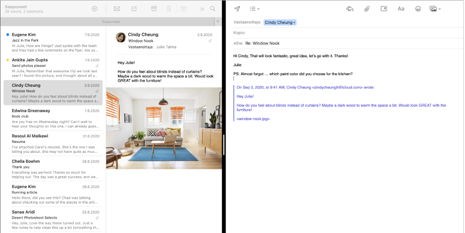Viestiluettelo ja kirjoitusikkuna rinnakkain Split View'ssa.