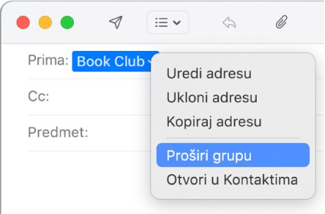 E-mail poruka prikazuje grupu u polju Za i skočni izbornik s prikazom naredbe proširi grupu.