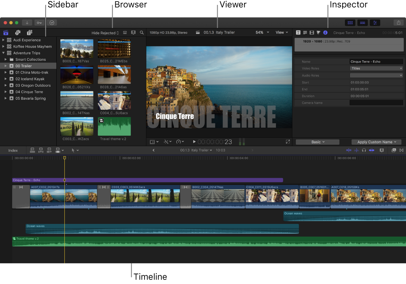 La ventana de Final Cut Pro que muestra la barra lateral, el explorador, el visor, el inspector y la línea de tiempo