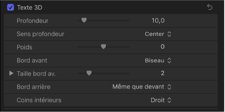 Section Texte 3D de l’inspecteur de texte