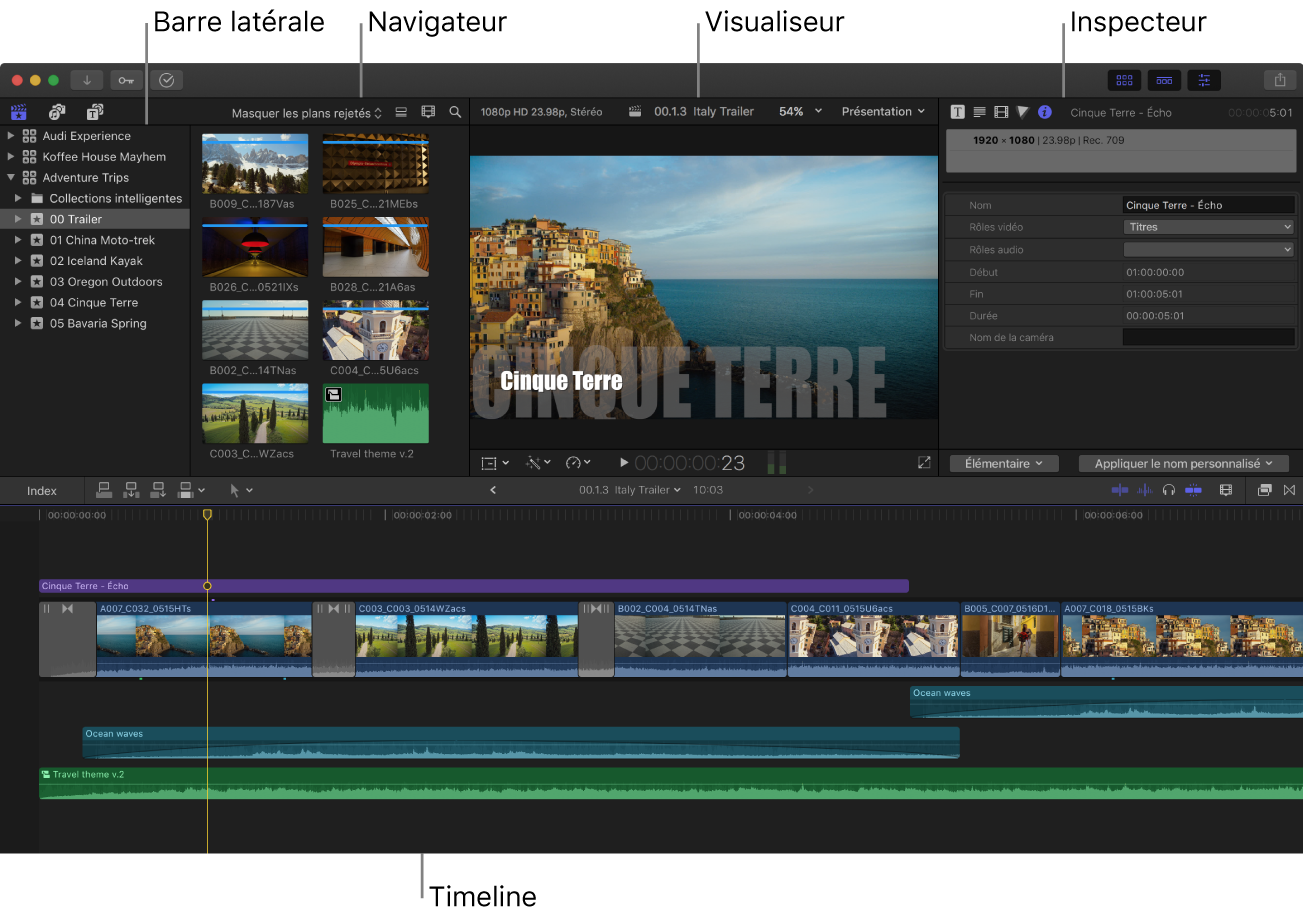 Fenêtre de Final Cut Pro affichant la barre latérale, le navigateur, le visualiseur, l’inspecteur et la timeline